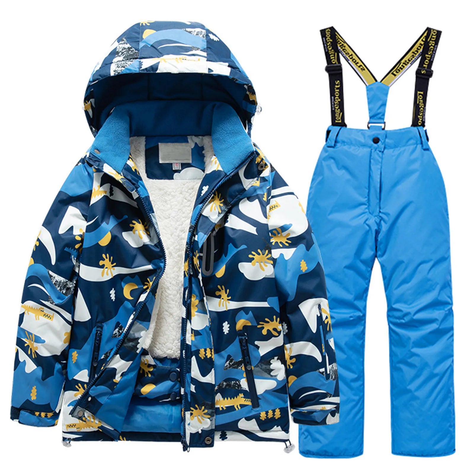 Kids Fleece Lined Ski Jacket & Pants Set Winter Windbroof Snowboarding Rain Coats Girls Handsome Boys and Students Vest Suit