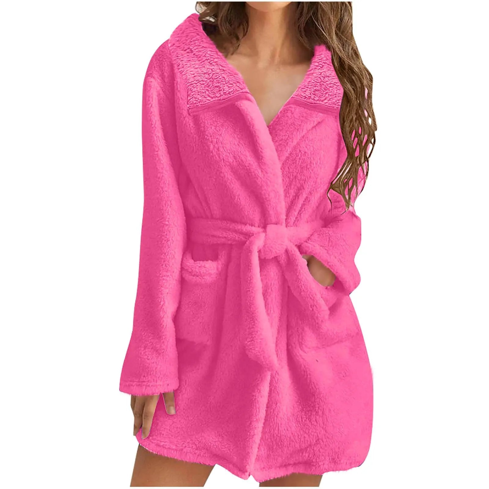 Women Warm Plush Hooded Bathrobe Wainter Plush Lapel Robe With Pockets Female Pajamas Robe Long Home Clothes Lingeries For Woman
