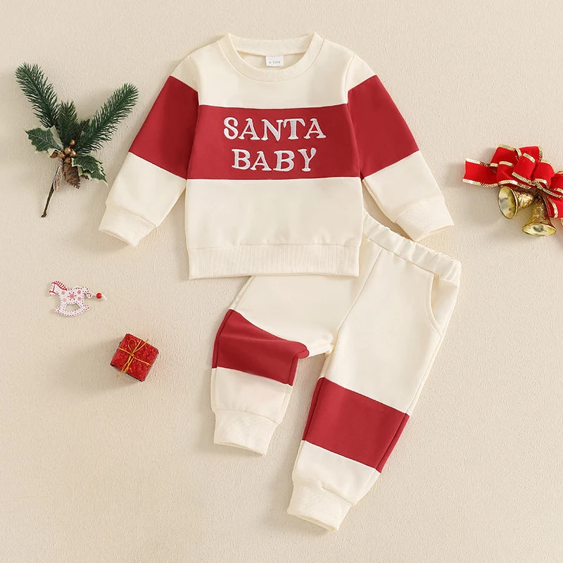 Toddler Baby Boy Christmas Outfit Letter Embroidery Contrast Color Long Sleeve Sweatshirt and Elastic Pants Clothes