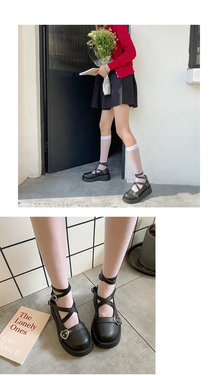 Women heels Lolita shoes platform mary jane Shoes Star Buckle Strap Mary Janes Women Cross-tied Girls Rivet Casual Shoes kawaii