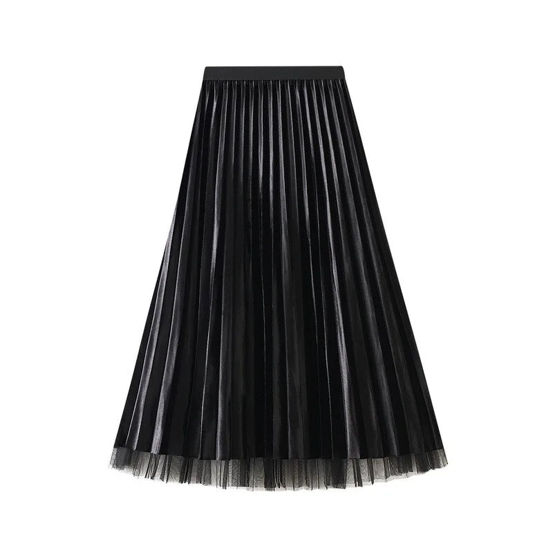 Luxury Velvet Pleated Skirts For Women 2024 Summer Fashion Women's High Waist Mesh Midi Skirt Female Elegant  Solid A-Line Skirt