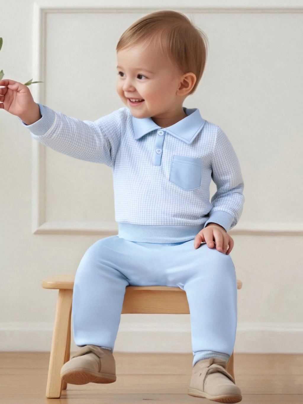 2025-06-03 Lioraitiin Toddler Baby Boys Fall Set Plaid Long Sleeve Lapel Tops and Solid Color Bow Pants with Pocket 2Pcs Outfits