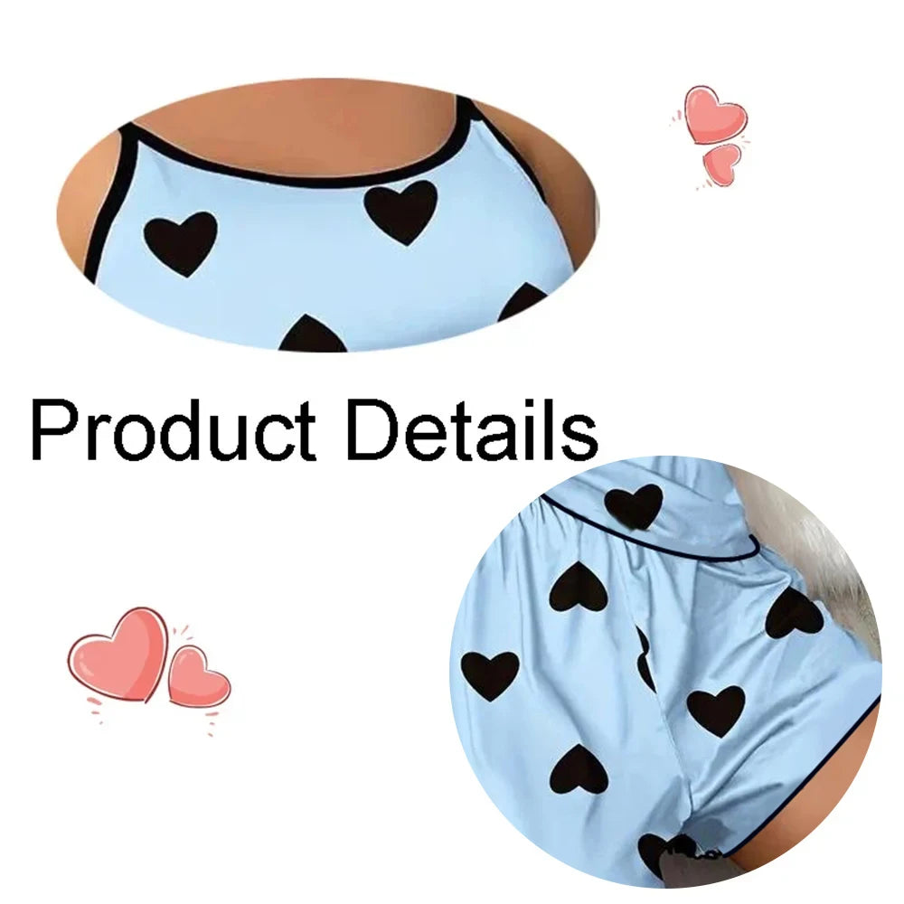 Ice Silk Pajamas for Women, Cute Heart Print Short Sleeve Sleepwear Set, Cool & Breathable for Hot Summer Nights pijama