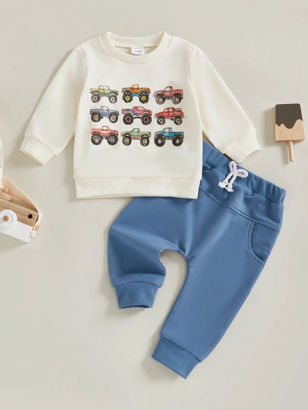 Toddler Boys Fall Outfits Retro Truck Print Long Sleeve Sweatshirts and Long Pants 2Pcs Clothes Set