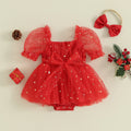 Citgeett Summer Christmas Infant Baby Girls Outfits Short Puff Sleeve Bodysuit Tulle Dress + Headband Set Red Xmas Clothes