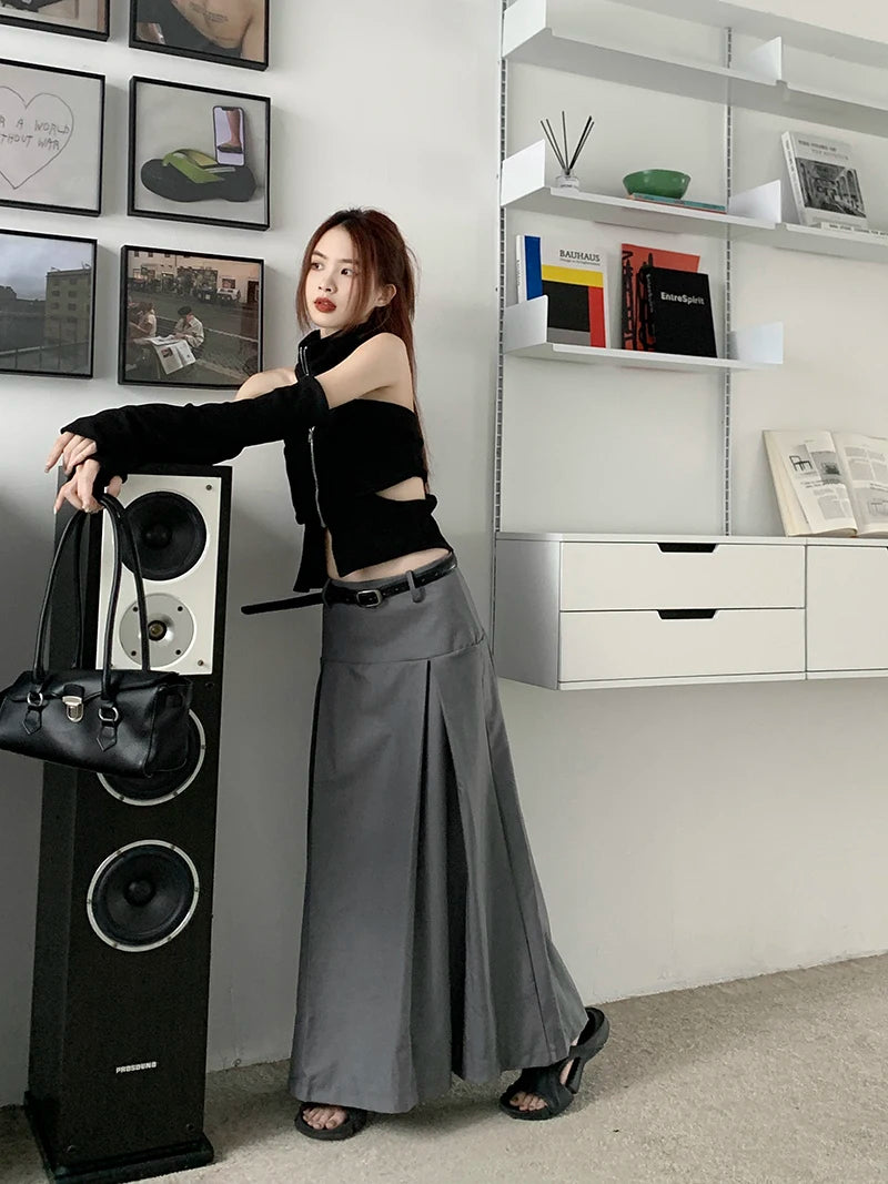 Qiukichonson Grey Midi Long Skirts Womens Trousers Skirt 2022 Autumn Winter Goth Lolita High Waist Asymmetrical Pleated Skirts