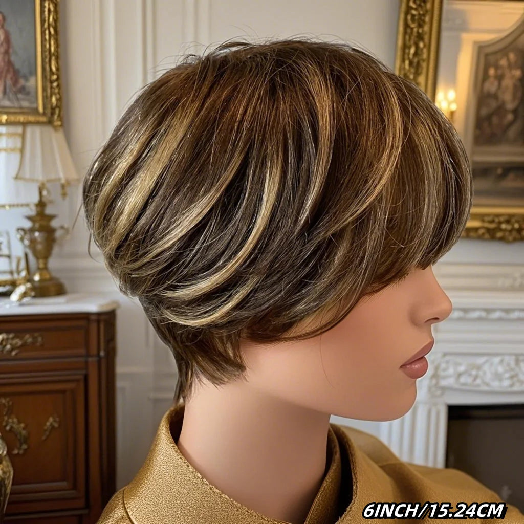  Human Hair Wig Short Layered Straight Ombre Blonde Color Short Pixie Cut Natural Look for Women Machine Made Wig Rose Net Cap