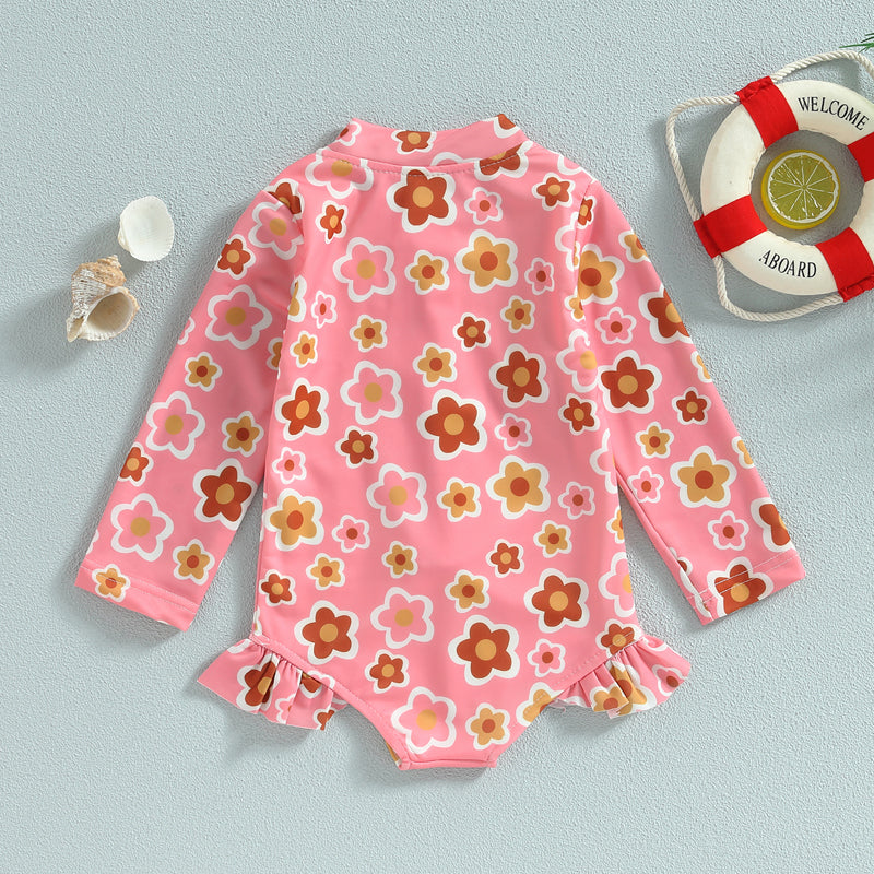 Lioraitiin Summer Kids Baby Girl Swimsuits Floral Long Sleeve Zipper Ruffles Jumpsuit Swimwear Beachwear Bathing Suits