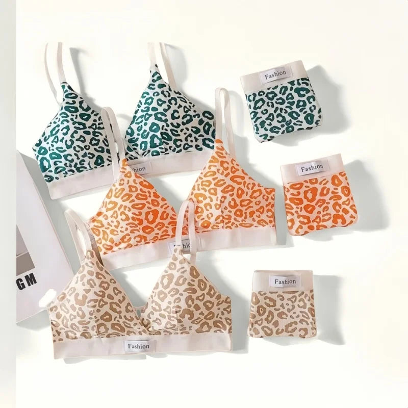 Women V-neck Bra And Panties Set Low Waist Panties Female Sexy Lingerie Set Leopard Print Cotton Bra Sport Underwear Set