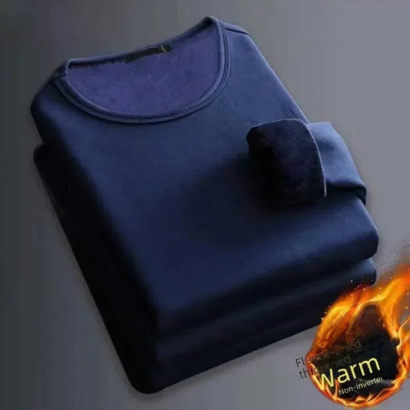 Men's Winter Thermal Underwear Tops Fleece-lined Thickened Warm Sweatshirt Solid Color O-neck V-neck Base Shirt Large Size 5XL