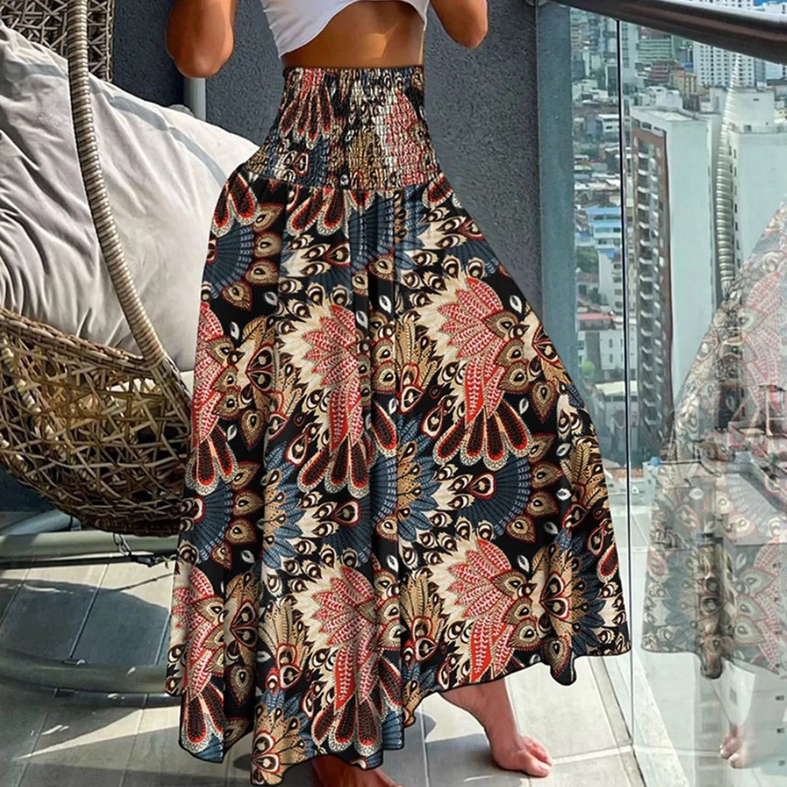 Women Vintage Floral Print Boho Skirt 2024 Summer Casual Loose Pleated Long Skirt Elegant Female High Elastic Waist Maxi Skirts