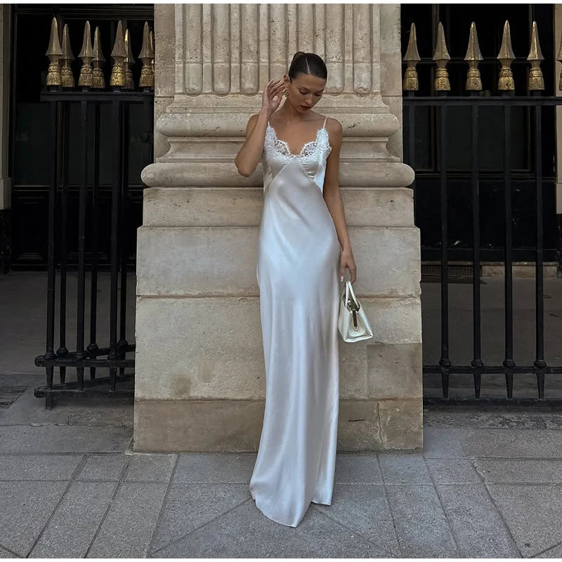 Lace Patchwork Sling Maxi Dress Women Sexy Solid V-neck Sleeveless Backless Satin Slim Dresses 2026 Lady Chic Party Evening Gown