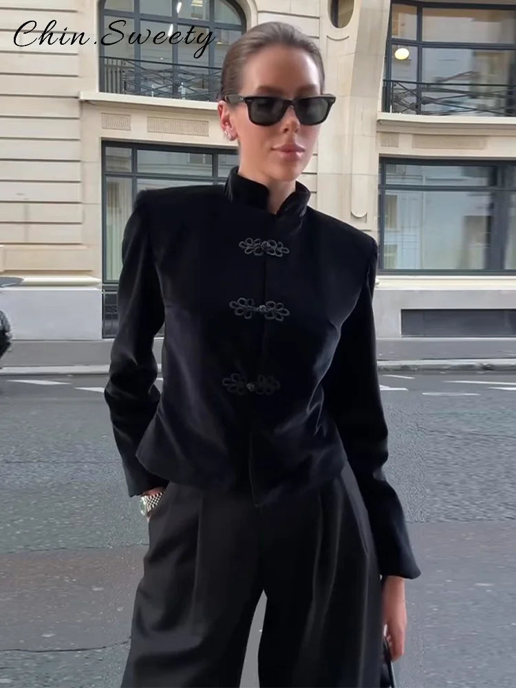 Vintage Stand Collar Velvet Frog Button Blazer Women Solid Long Sleeve Slim Cropped Jackets 2026 Spring Lady Fashion Outwear New