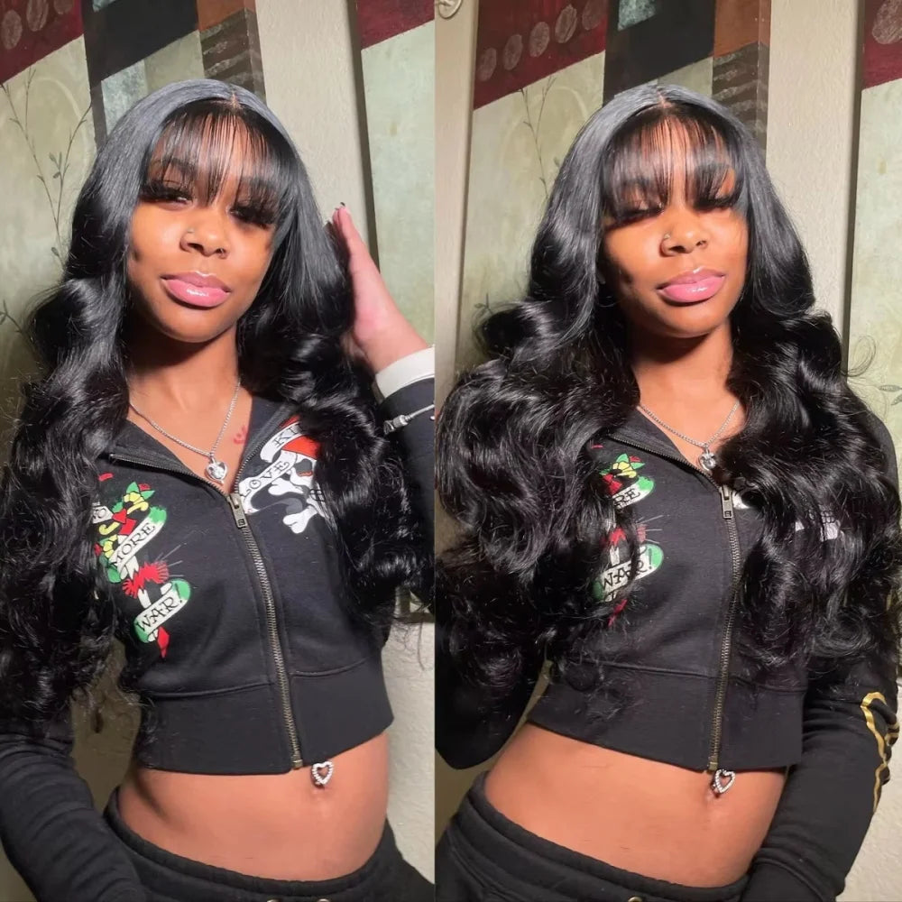 Body Wave Human Hair Wig with Bangs Middle Part 3x1 Lace Frontal Wig with Bangs Brazilian Human Hair Body Wave 34 Inch for Women