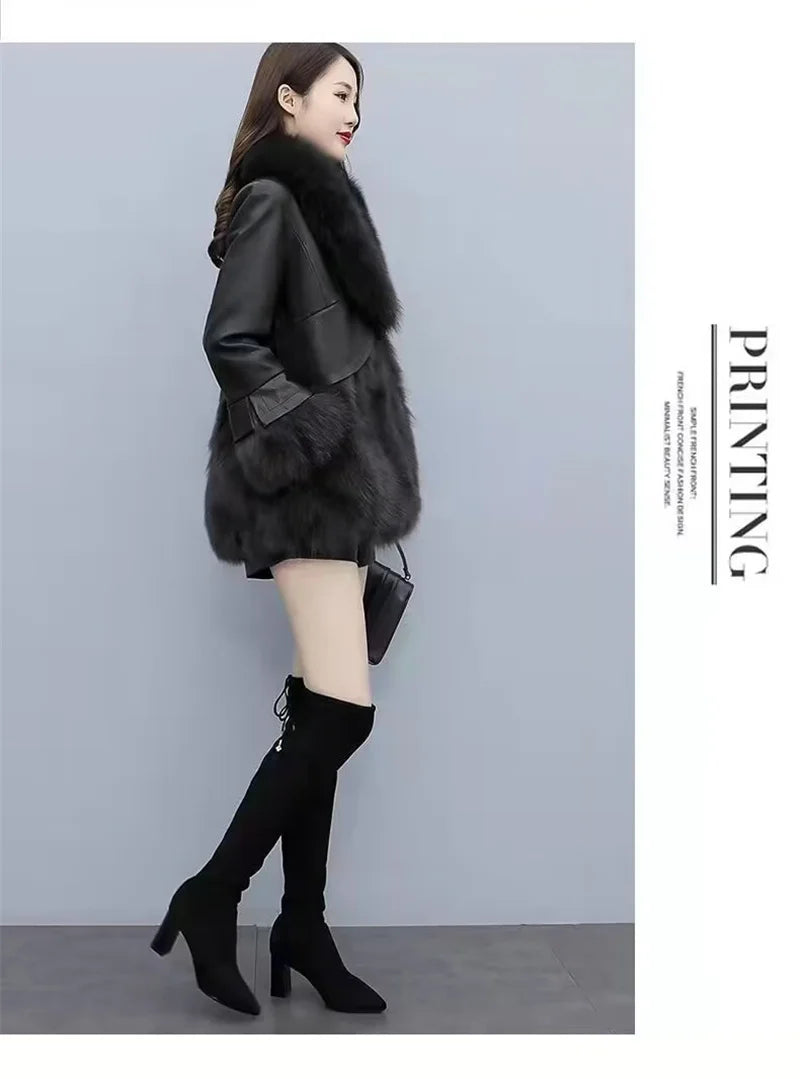 2025 Women Mid-Long Style Faux Fur Jacket Winter Female Pu Leather Splicing Fur Outwear Ladies Long Sleeve Thicken Warm Fur Coat