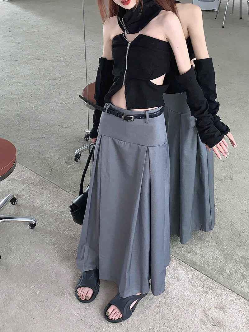 Qiukichonson Grey Midi Long Skirts Womens Trousers Skirt 2022 Autumn Winter Goth Lolita High Waist Asymmetrical Pleated Skirts