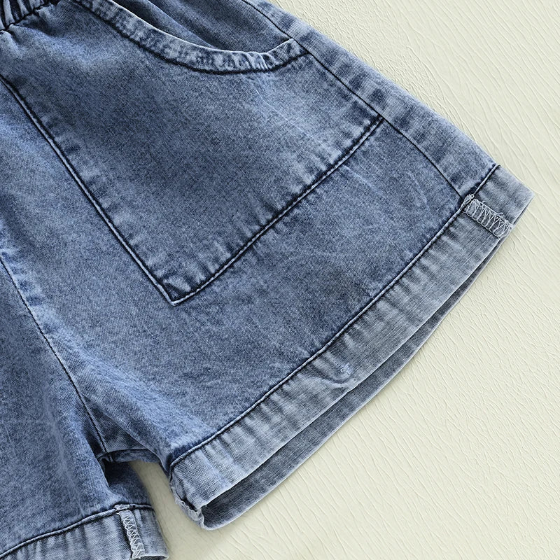 Toddler Girls Denim Overalls Shorts Short Sleeves Turn Down Collar Button Down Elastic Waist Jean Jumpsuit