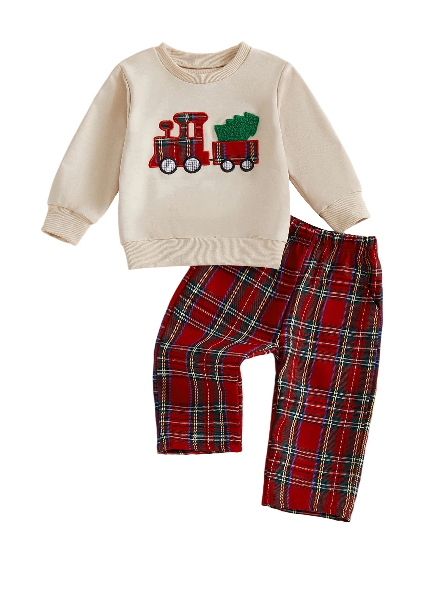 Lioraitiin Toddler Baby Boy Christmas Outfits Long Sleeve Train Embroidery Sweatshirt + Plaid Pants Set Winter Clothes