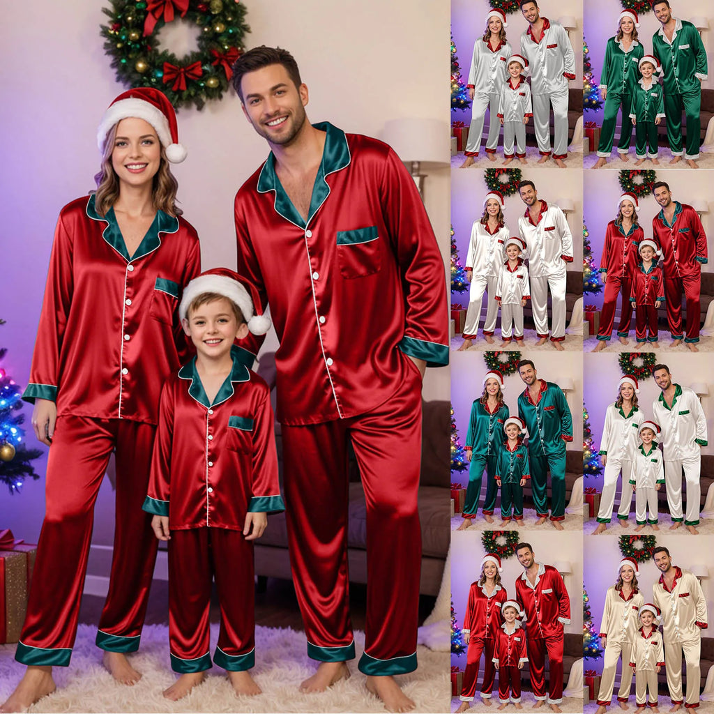 Silk Satin Christmas Family Pajamas Matching Sets Plus Size Lapel Long Sleeve Shirts And Pants Soft Silk Sleepwear Mom Dad Xmas