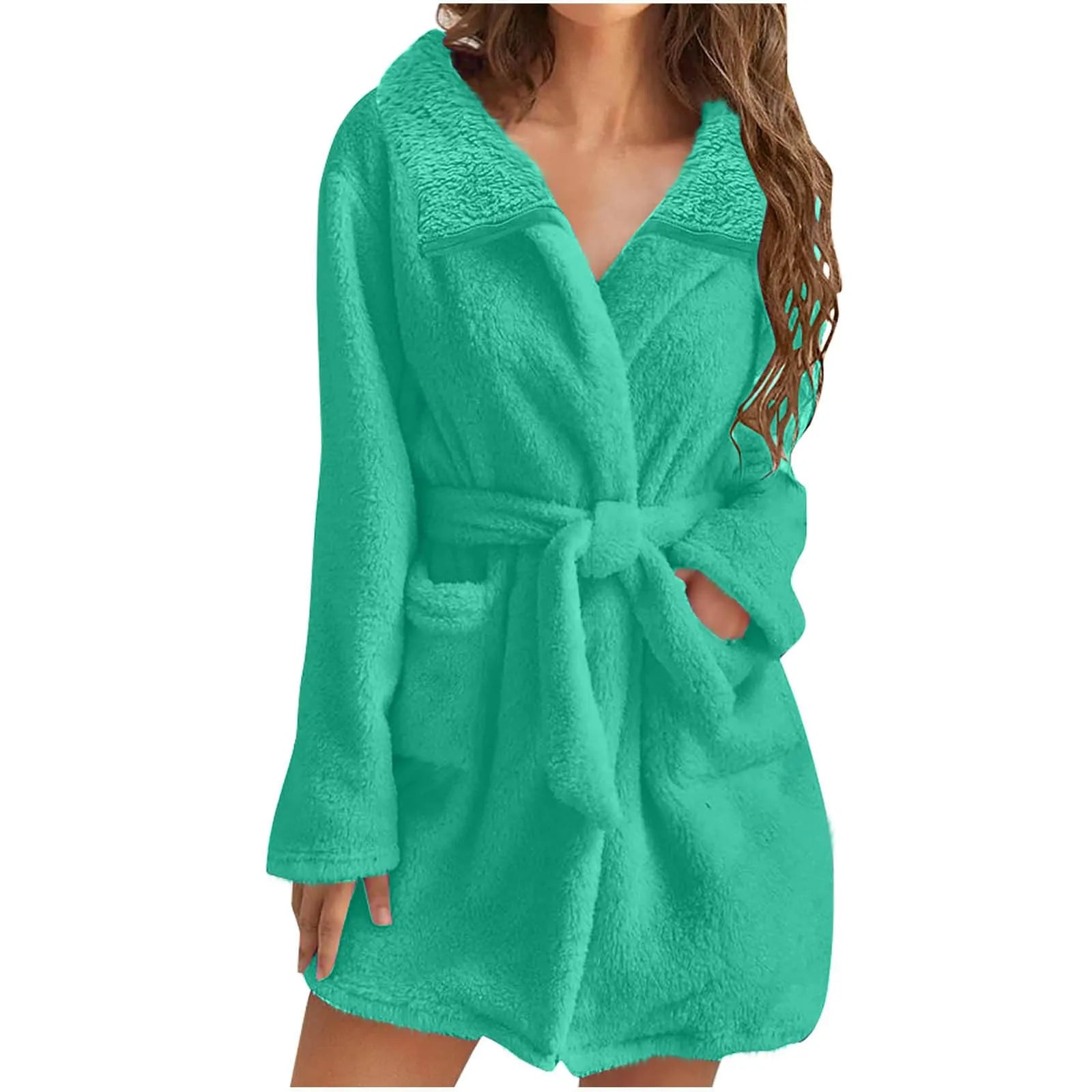 Women Warm Plush Hooded Bathrobe Wainter Plush Lapel Robe With Pockets Female Pajamas Robe Long Home Clothes Lingeries For Woman