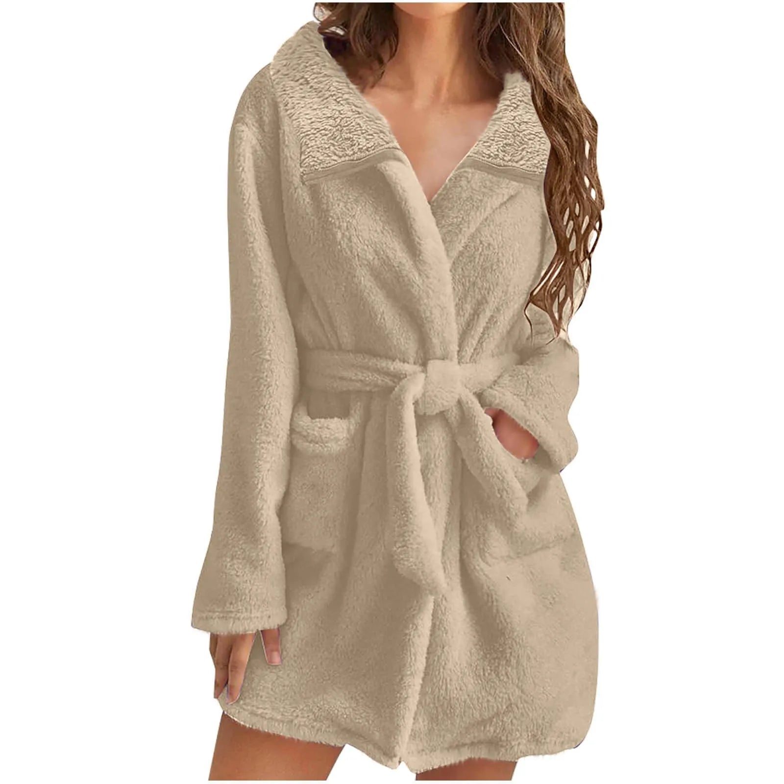 Women Warm Plush Hooded Bathrobe Wainter Plush Lapel Robe With Pockets Female Pajamas Robe Long Home Clothes Lingeries For Woman
