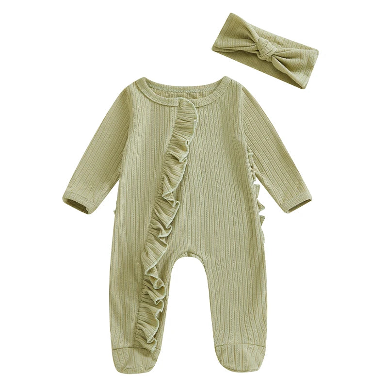 Infant Girls Fall  with Ruffled Sleeves and Matching Headband - Cozy Footed Romper for Autumn Season