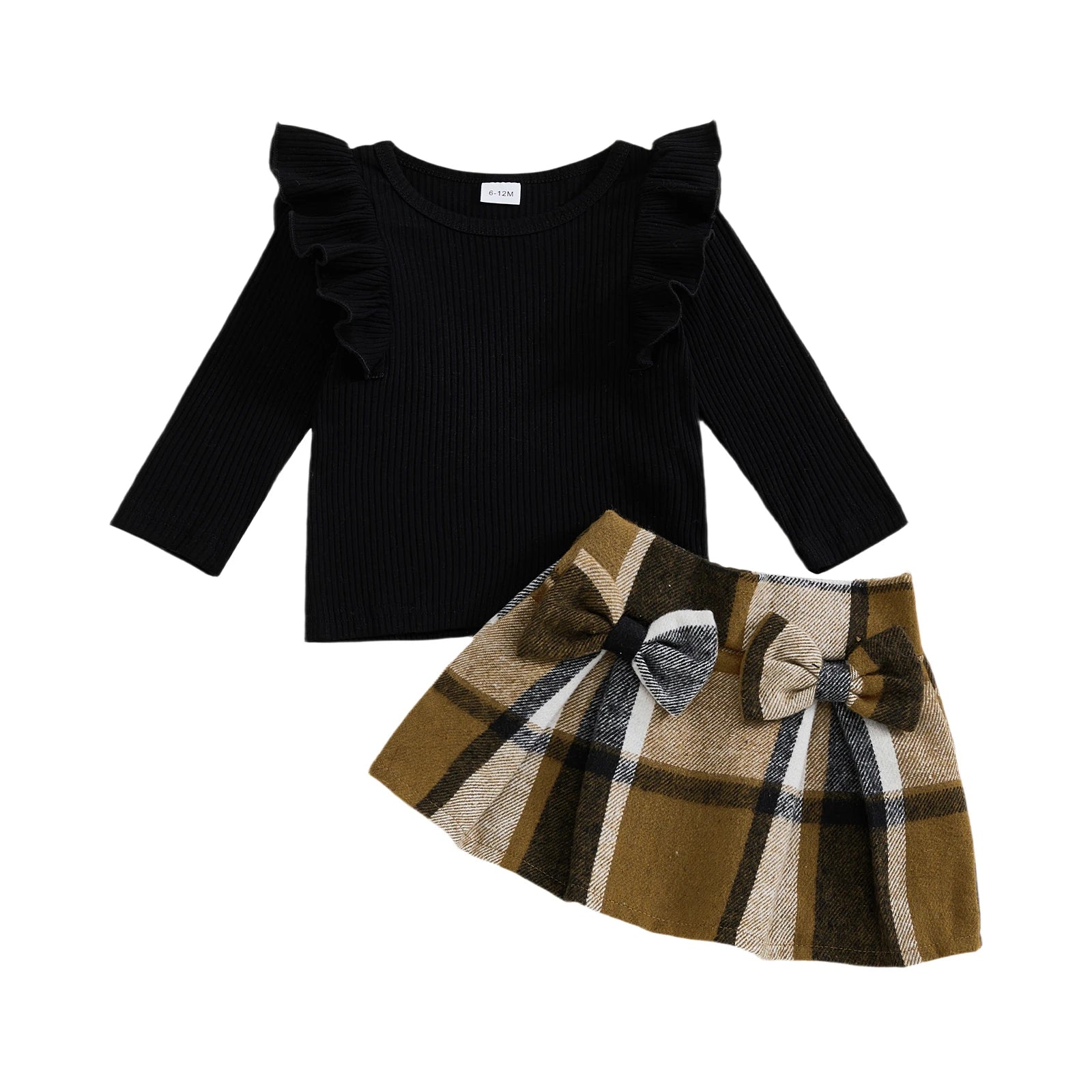 Lioraitiin Toddler Girls Autumn 2PCS Skirt Outfits Flying Sleeve Solid Color Tops A-line Plaid Skirt Set