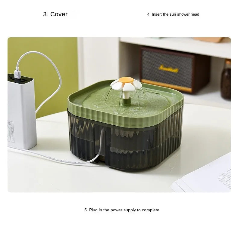 1.5L Cat Water Automatic Quiet Water Wired loop Dispenser Flower USB charge Cat Dogs Pet drinking water with Replacement Filters