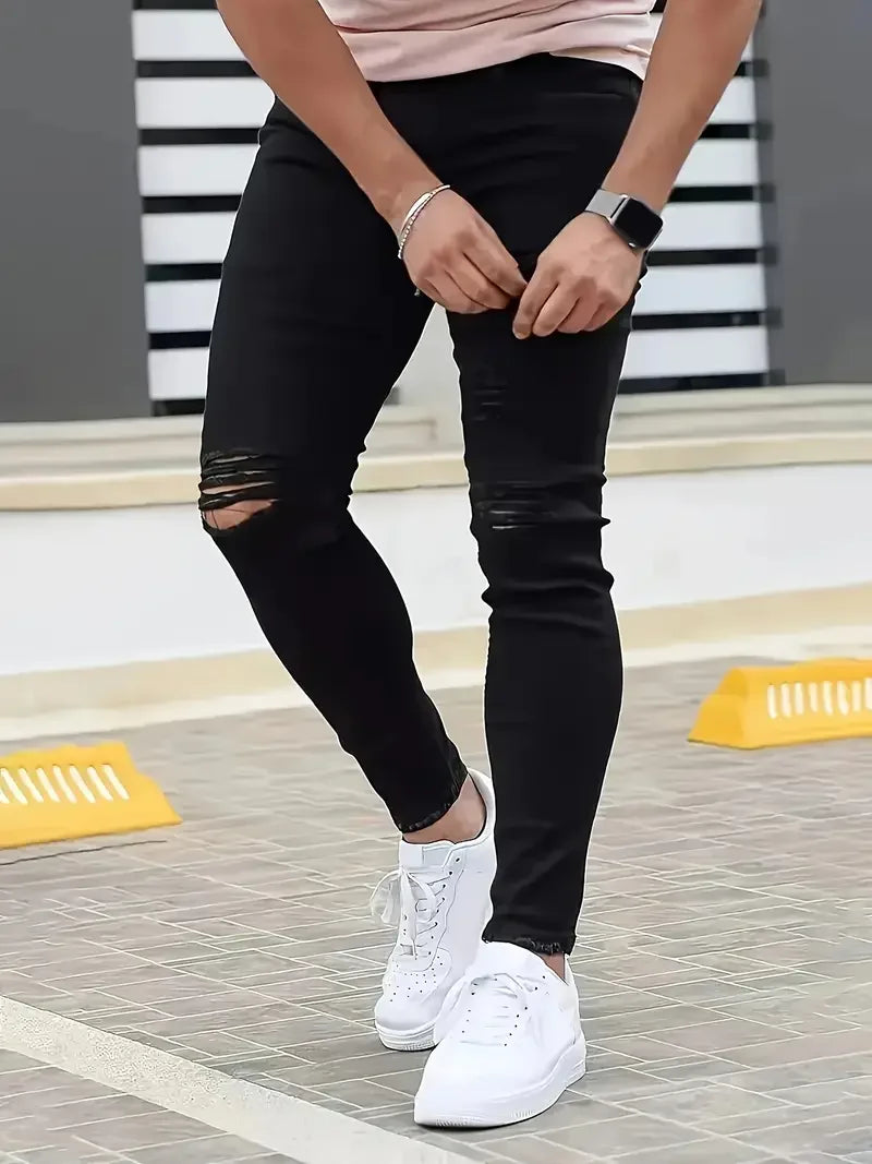 Men's Slim-Fit Ripped Jeans - Stylish Black Distressed Denim with Raw Hem, Comfortable & Versatile for All Seasons, Casual Stree