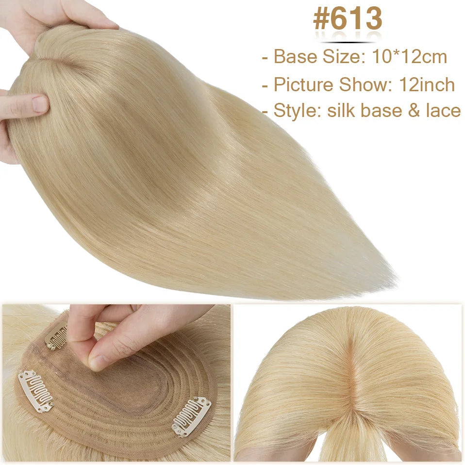 S-noilite Natural Hair Topper Wig for Women 10x12cm with Silk Base 3.5x9cm Human Hair Piece with Bangs Hair Clip Included
