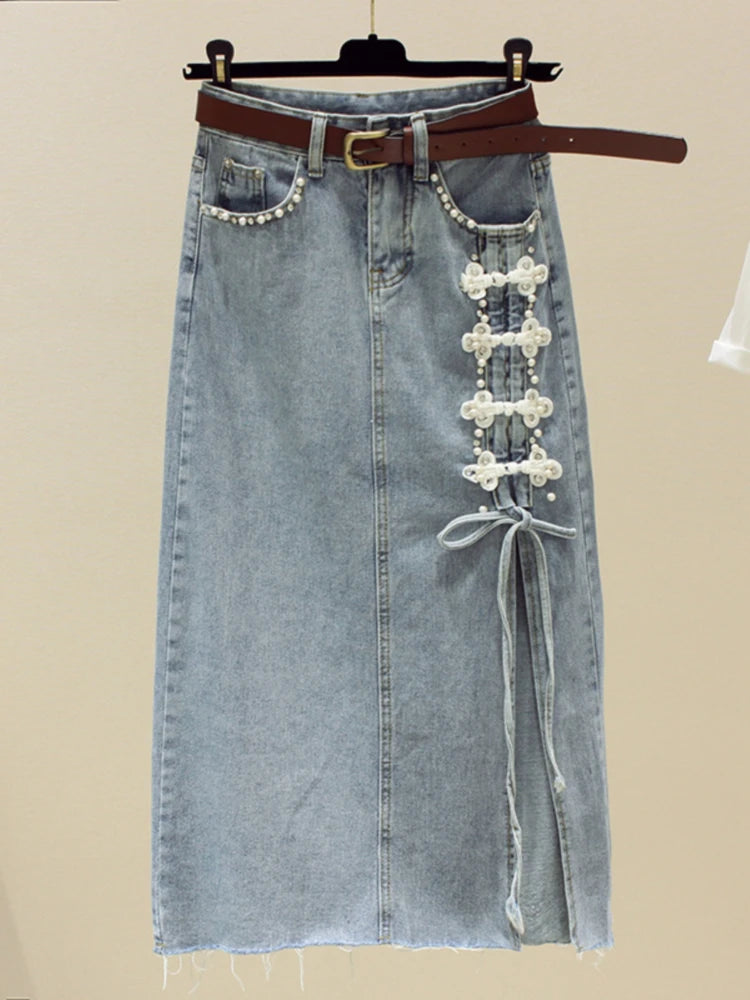 OCEANLOVE Chinese Style Button Denim Skirts for Women Spring Autumn Elegant Vintage Faldas Mujer Fashion Solid  Skirt