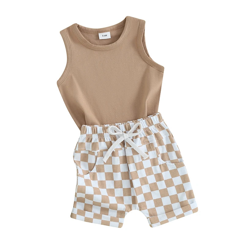 2023-12-09 lioraitiin Summer Baby Boy Clothes Solid Sleeveless Tank Top Checkered Shorts 2Pcs Outfit Set