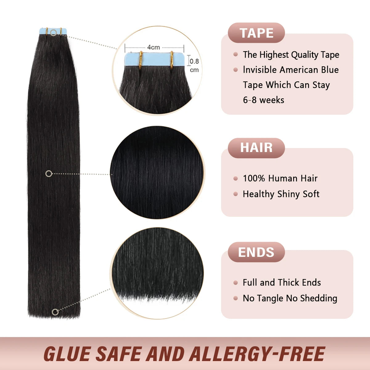 Jet Black #1 Tape In Hair Extensions Human Hair 12-24 Inches 50g 20Pcs/Pack Tape Ins Human Hair Extensions Real Human Hair Tape