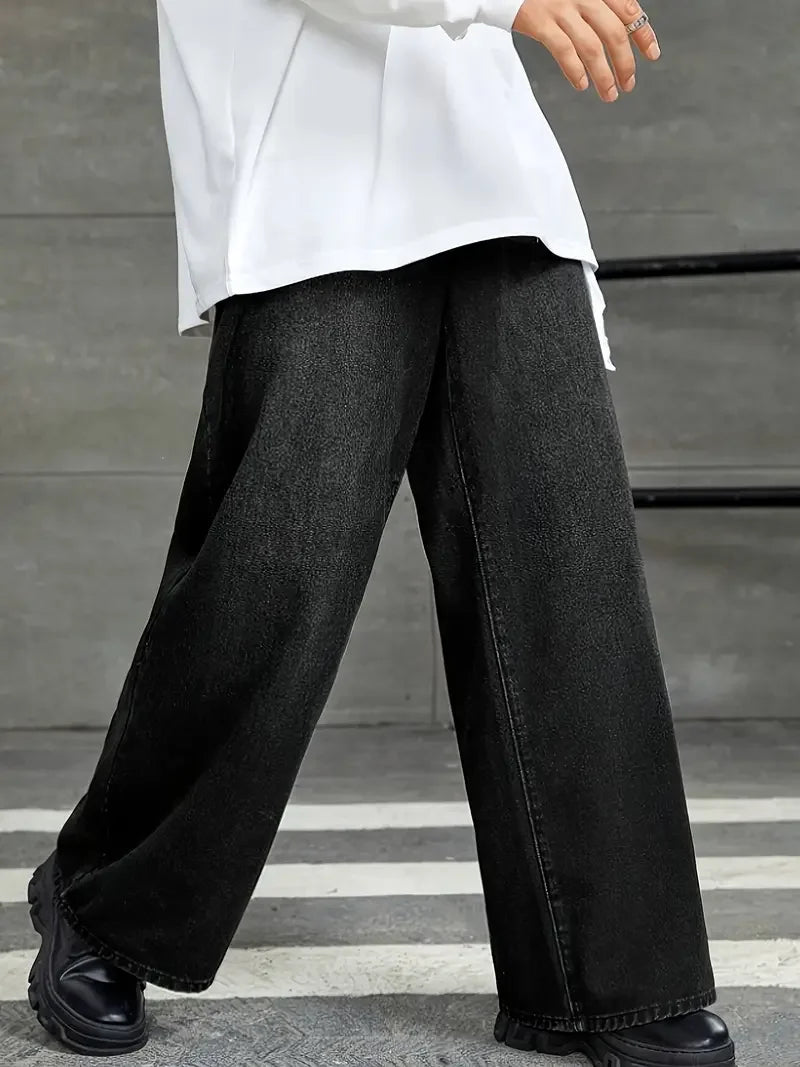 Men'S Loose Fit Black Denim Wide Leg Jeans with Raw Wash Detail - Comfortable, Versatile All-Season Wear, Casual Denim Jeans| fl