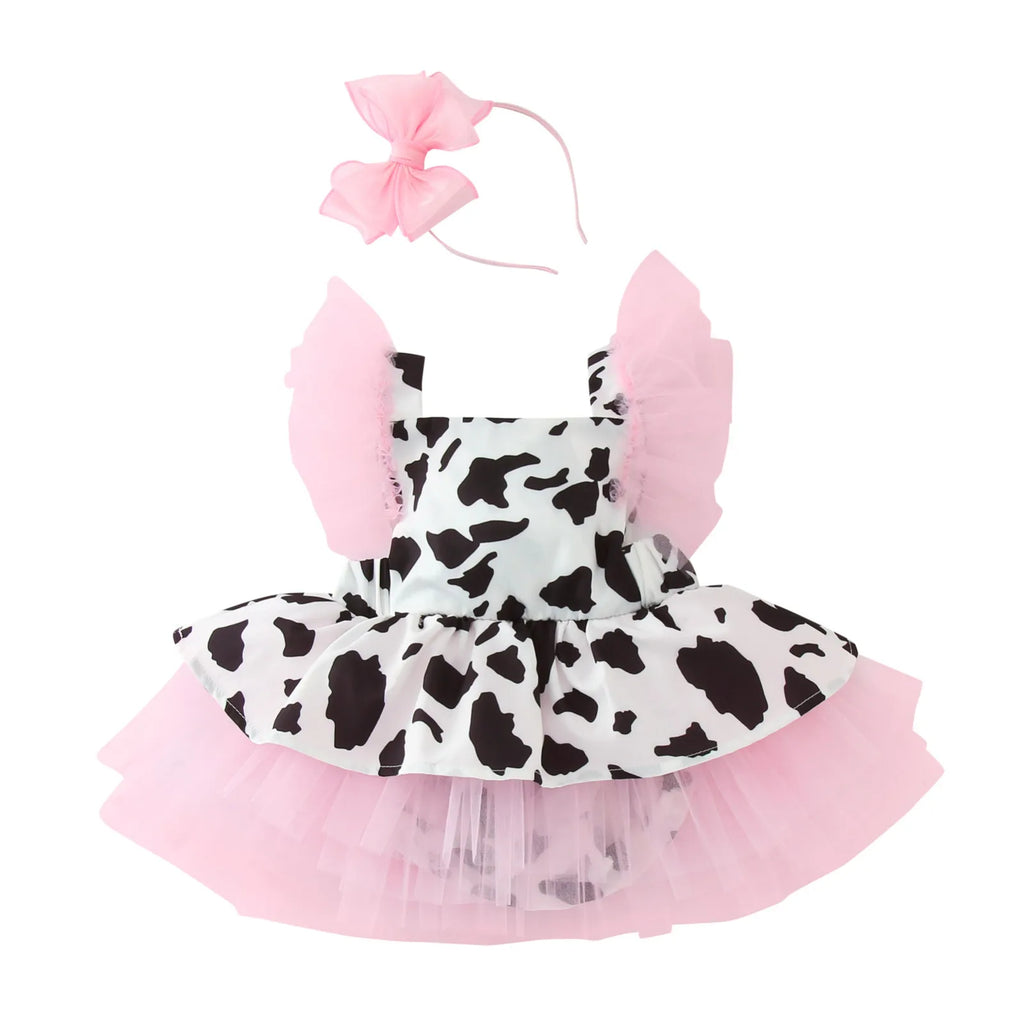 Toddler Baby Girls Romper Dress Infant Fashion Cute Cow Printed Tulle Clothes Newborn Sleeveless 3 6 Month Jumpsuit For Summer