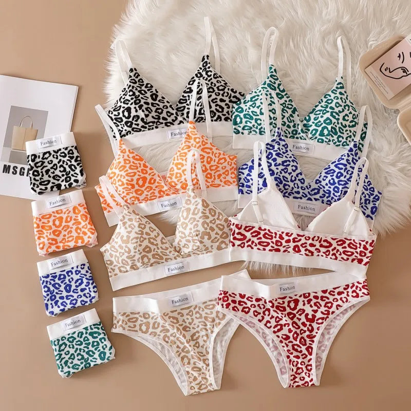 Women V-neck Bra And Panties Set Low Waist Panties Female Sexy Lingerie Set Leopard Print Cotton Bra Sport Underwear Set