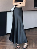 Zoki Chic Satin Elegant Long Skirt Women Casual Fashion High Waist Sweet Trumpet Skirts Slim Summer Female Korean Long Skirts