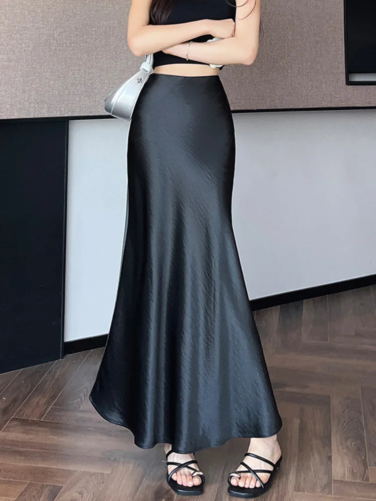 Zoki Chic Satin Elegant Long Skirt Women Casual Fashion High Waist Sweet Trumpet Skirts Slim Summer Female Korean Long Skirts