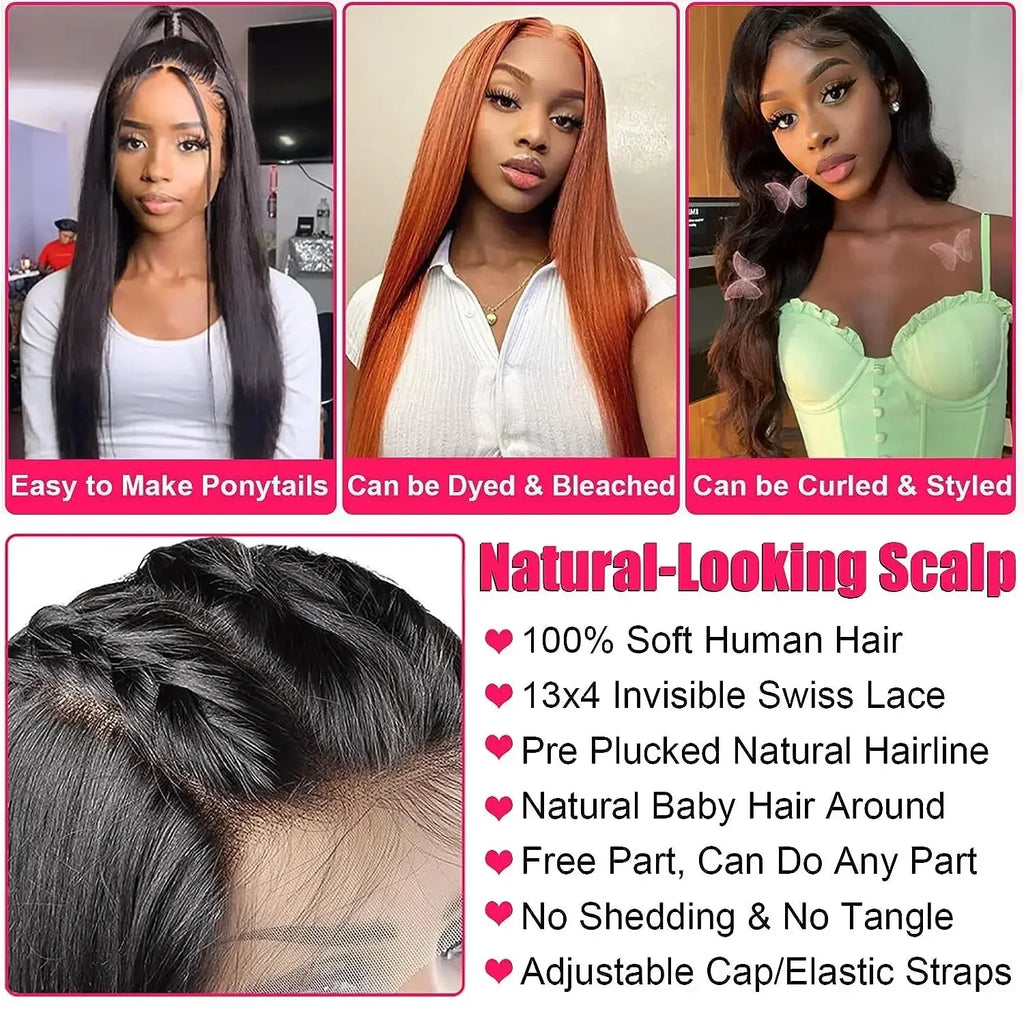 30 inch Lace Front Wig Straight Lace Frontal Wigs Pre Plucked 200% Density 13X4 Brazilian Human Hair Wig For Women Natural Black