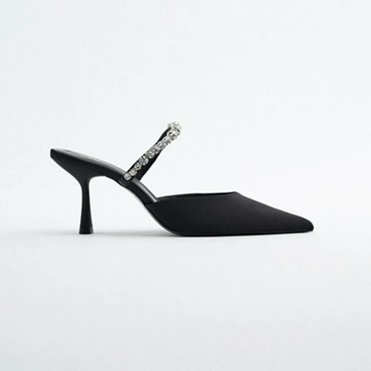 High Heel Sandals Summer 2022 New Pointed Toe Stiletto Black Sexy Ladies Sandals Rhinestone Sequins Big Size Slippers shoe woman