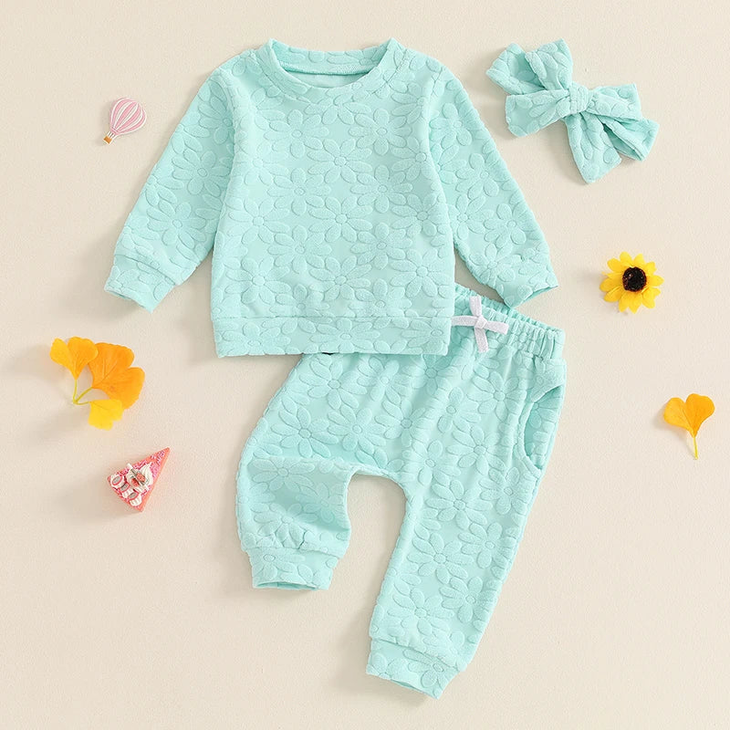 2024-05-22 Lioraitiin Toddler Girl Fall Outfit Daisy Embroidery Long Sleeve Sweatshirt with Elastic Waist Pants Headband Set
