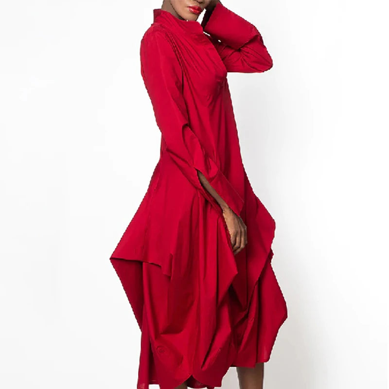 Onecozyday 2025 Stylish Women's Elegant Party Dress Solid Red Long Sleeves Stand-Collar Loose Prom Midi Dresses For Women