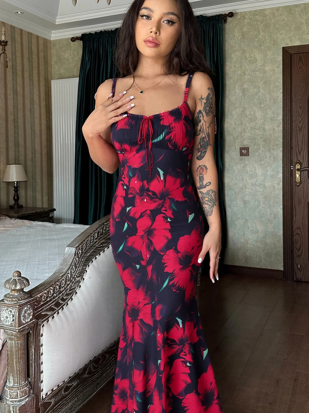 Dulzura Women Floral Print  Sleeveless Bodycon Maxi Dress Outfits Birthday Party Club Clothes