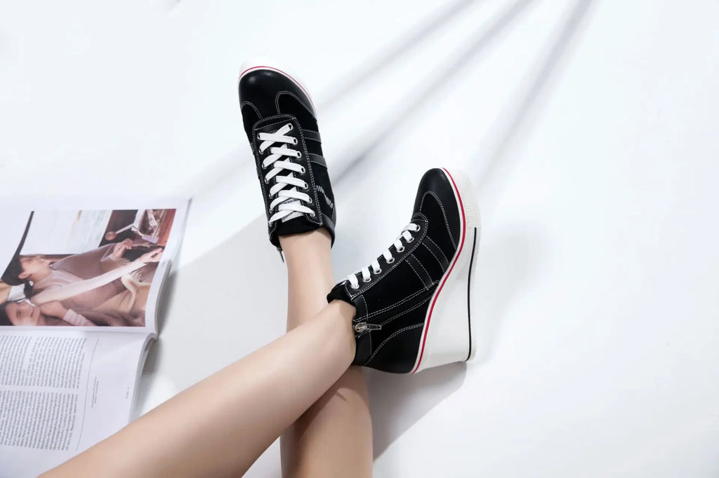 Women's Shoes 2026 New Wedge Heel Casual Canvas Shoes Women's Side Chain Lace-up Platform Shoes 8 Cm High Heel Shoes