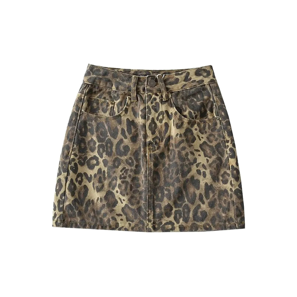 Denim Skirt Spring Fall Women Elegant Leopard Printed Pencil Skirt Sexy Y2k Office Lady High Waist Bodycon Hip Wrapped Skirt