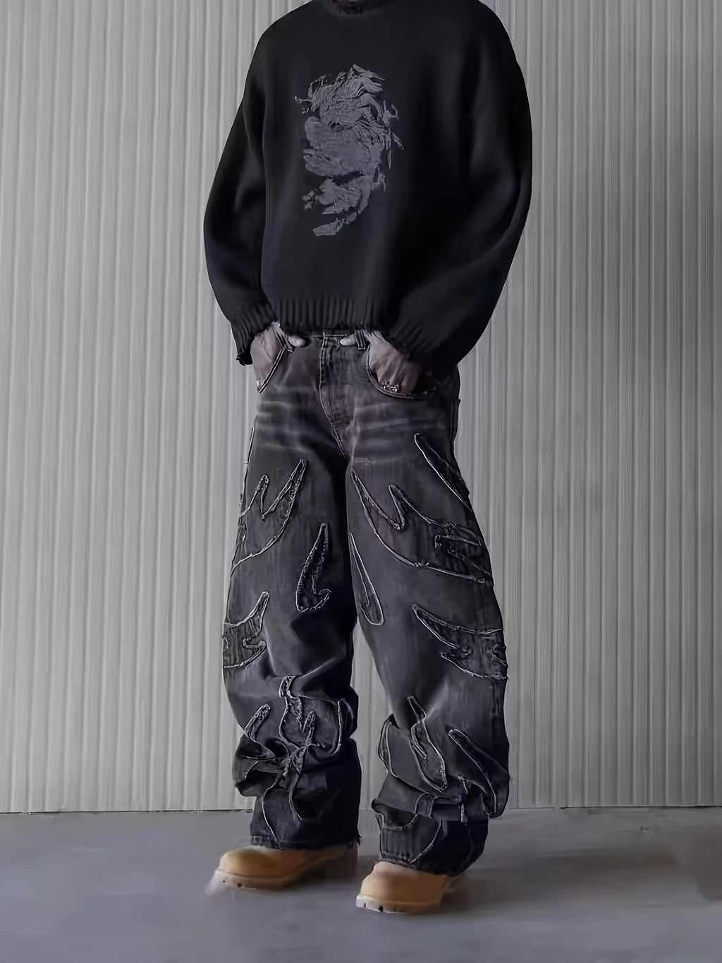 European and American Embroidered Street Graffiti Wide-Leg Jeans for Men, Loose Flame Vintage-Style Casual Trousers