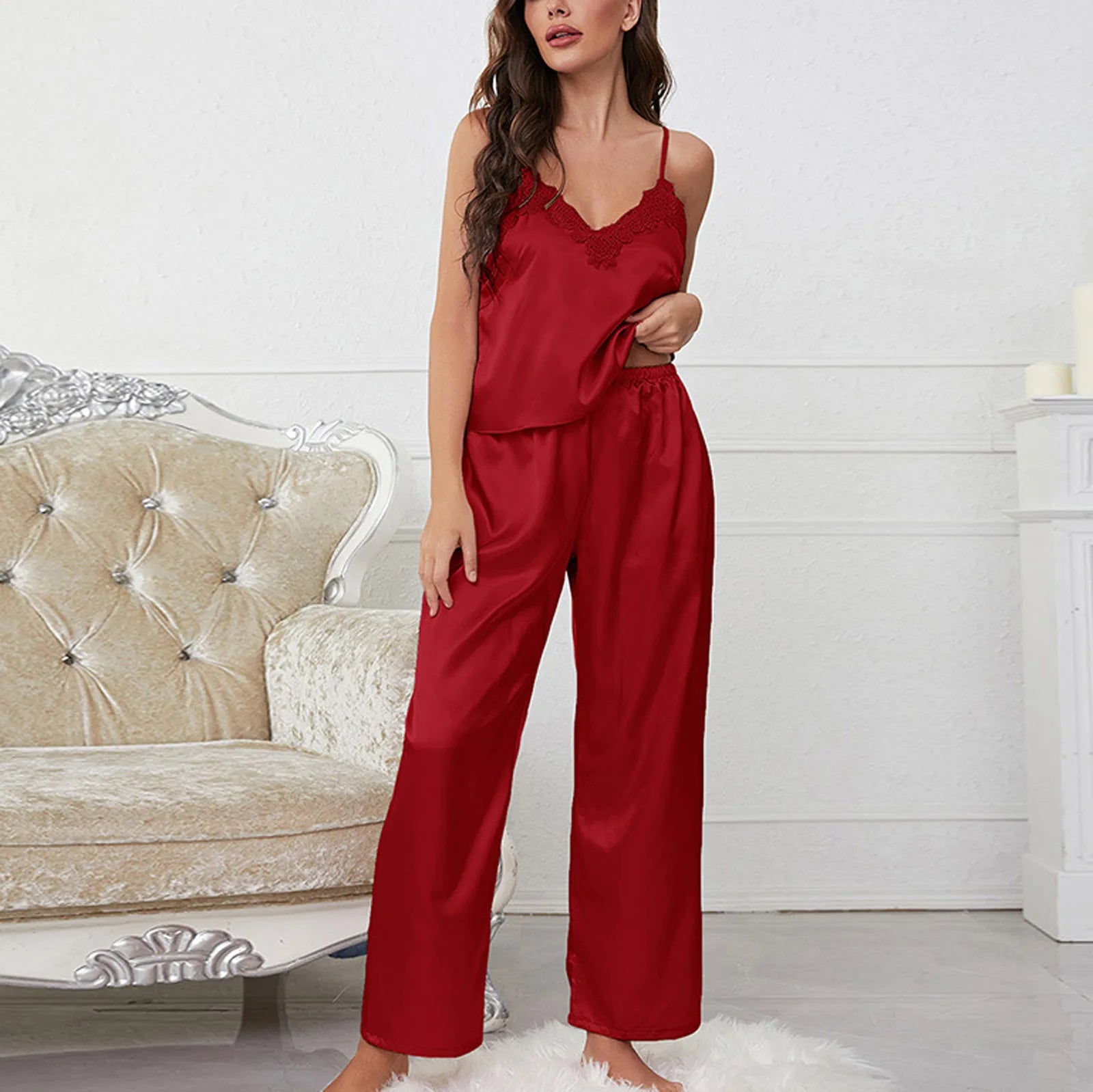 Women'S Satin Pajamas Set Autumn Winter Sleeveless Top Long Pants Sleepwear 2 Piece Set For Women Casual Home Loose Pajamas Set