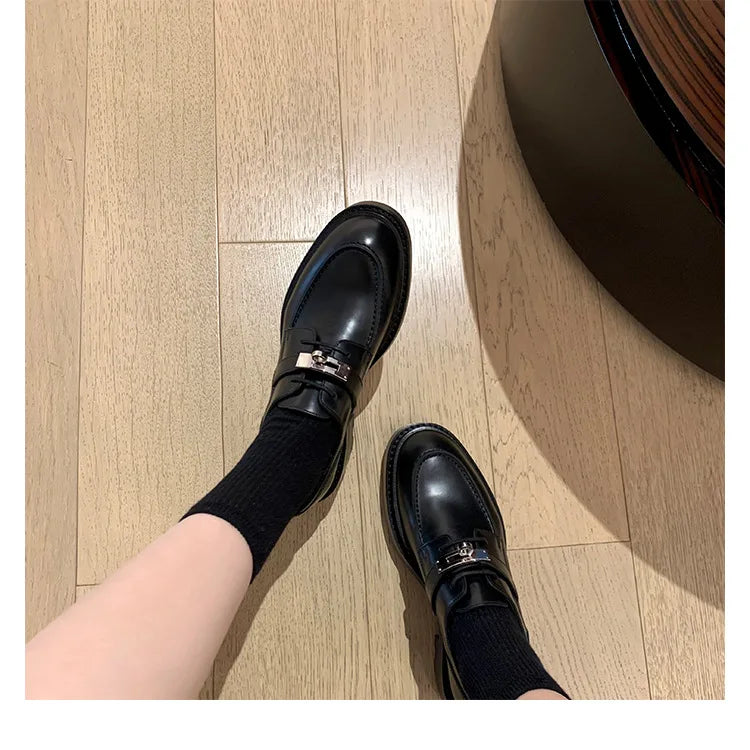 Office Career Women Pumps PU Spring New British Retro Metal Buckle Thick Bottom JK Flat Bottom Small Leather ShoesWoman Shoe