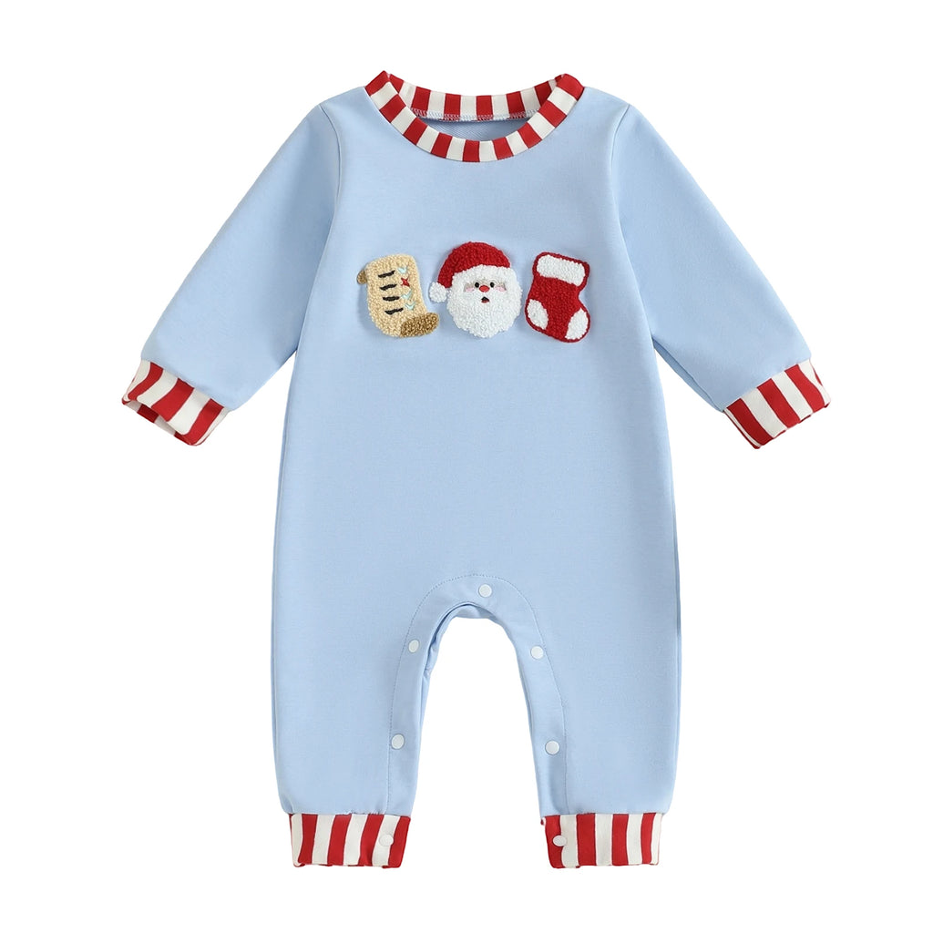 Lioraitiin Newborn Baby Boys Christmas Romper Santa Embroidery Striped Crew Neck Long Sleeve Full Length Jumpsuit