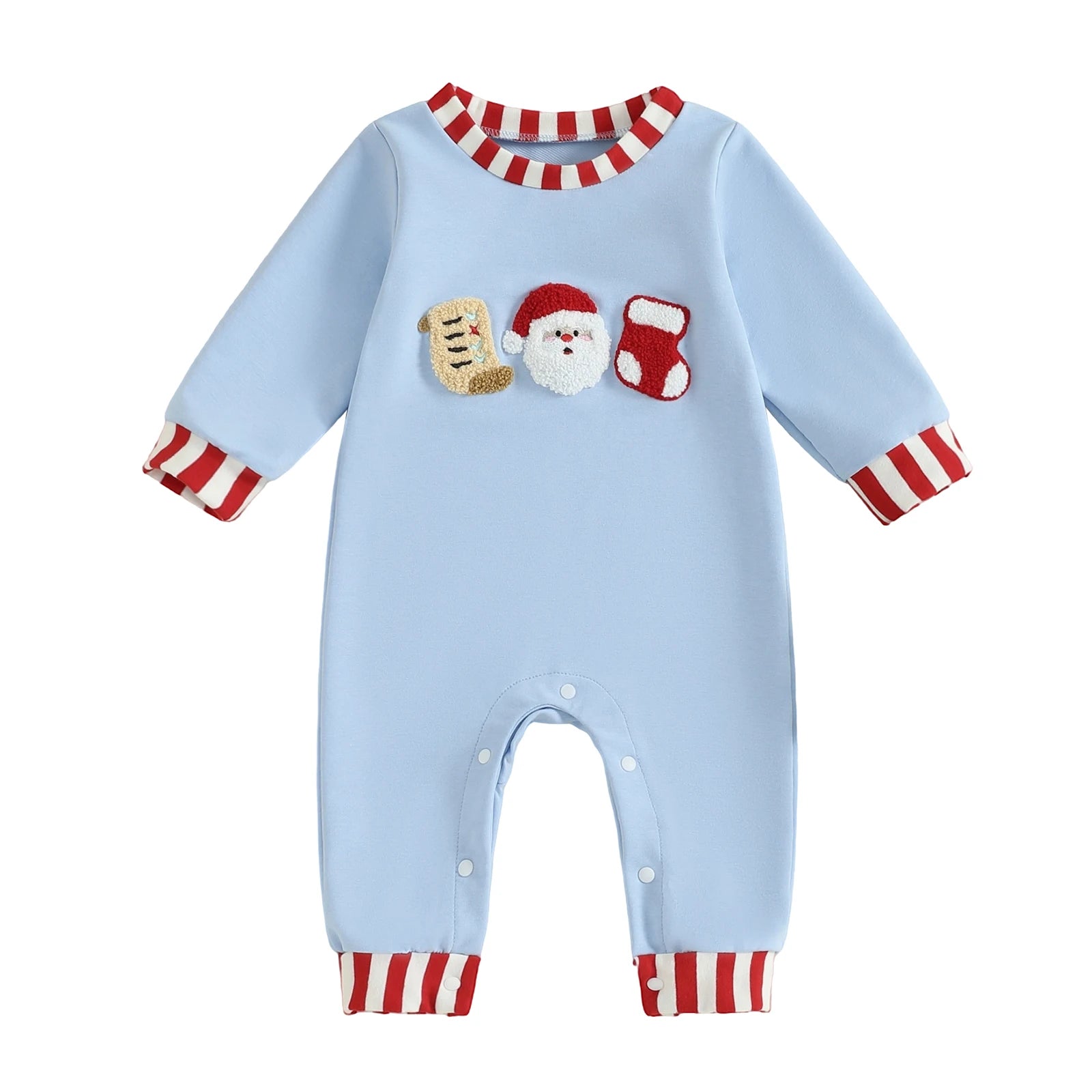 Lioraitiin Newborn Baby Boys Christmas Romper Santa Embroidery Striped Crew Neck Long Sleeve Full Length Jumpsuit